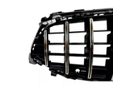 A black car grille with vertical and horizontal chrome bars is displayed against a white background, showcasing its sleek and modern design for vehicle front-end styling.
