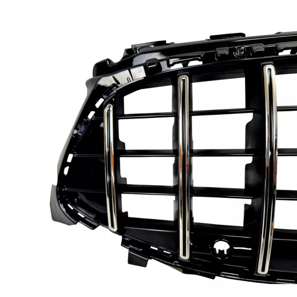 A black car grille with vertical and horizontal chrome bars is displayed against a white background, showcasing its sleek and modern design for vehicle front-end styling.