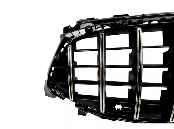 A black car grille with vertical and horizontal chrome bars is displayed against a white background, showcasing its sleek and modern design for vehicle front-end styling.