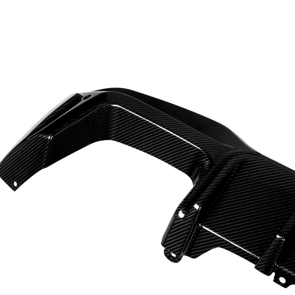 A sleek carbon fiber car part with a glossy finish, featuring mounting holes, positioned on a plain white background.