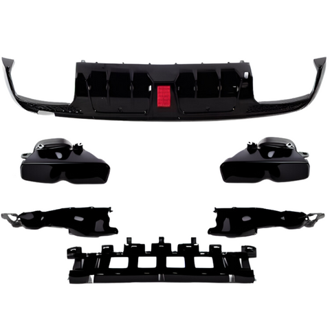 Black automotive parts including a front bumper and grille are arranged against a white background, displayed separately for clarity and detail.