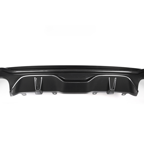 A black carbon fiber car bumper diffuser, featuring curved and angular design elements, is positioned against a plain white background. It includes attachment points and side wing pieces on either end.