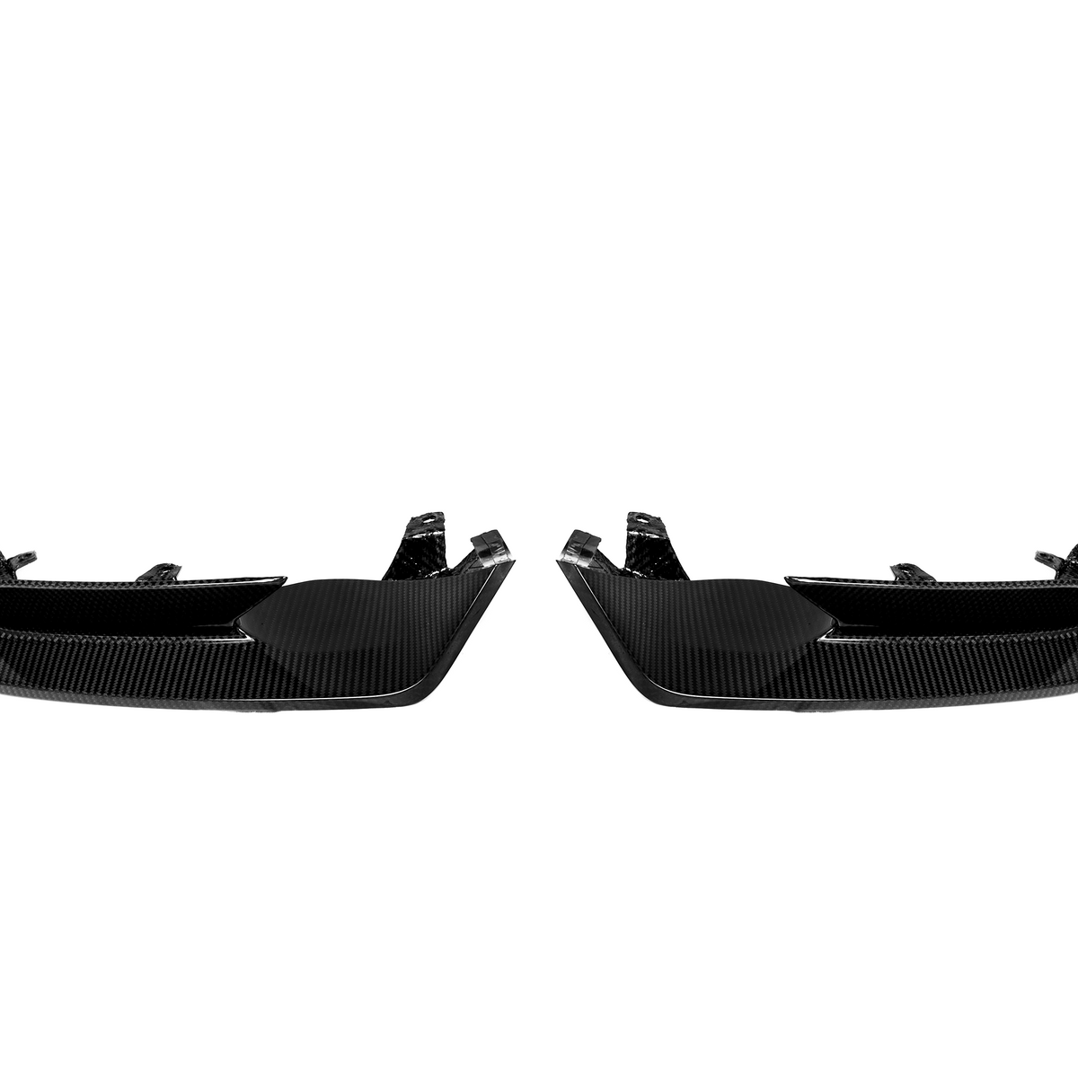 The carbon fiber car diffuser is positioned facing forward, showcasing its sleek design with curved edges and mounting points against a white background.