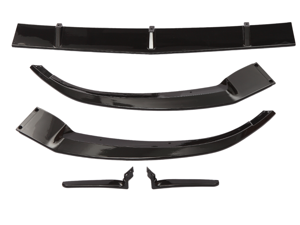 Four black car parts, including a long bar and curved pieces, are arranged separately on a white background, suggesting components for assembly or installation.