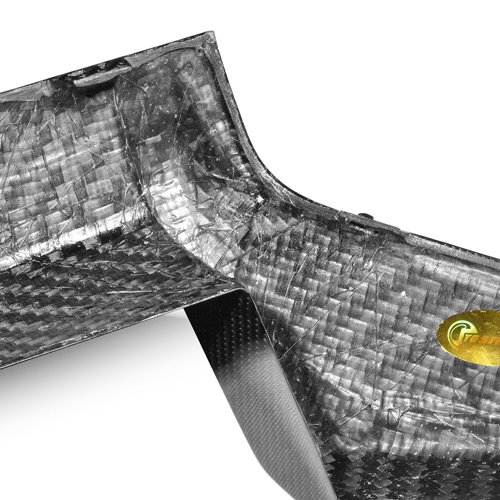 Close-up of a woven carbon fiber surface, showcasing a glossy texture. A small gold logo is visible on the right, featuring stylized text: "Craste Carbon." The background is white.