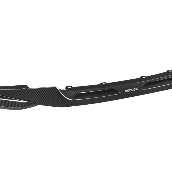 A black carbon fiber car bumper is shown with aerodynamic design elements, featuring the text "SOOQOO" in white, set against a plain white background.