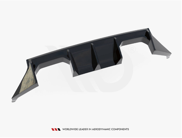 A black, angular car spoiler with three vertical fins rests on a white background. Text below reads: "WORLDWIDE LEADER IN AERODYNAMIC COMPONENTS."