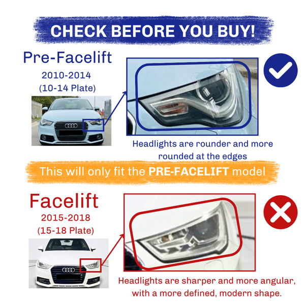 Car headlights are compared for pre-facelift (2010-2014) and facelift (2015-2018) Audi models. The pre-facelift headlights are rounder, while facelift headlights are sharper and angular. Text:  This will only fit the PRE-FACELIFT model."