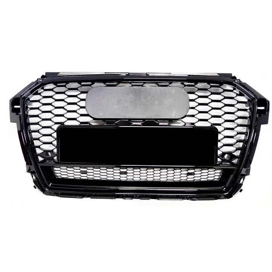 A hexagonal-patterned car grille with a glossy black frame sits against a white background. Two rectangular areas are prominently inset, likely for branding or license placement.