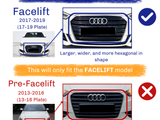 Car grille comparison: Facelift model (2017-2019) features a larger, hexagonal grille; Pre-Facelift model (2013-2016) has a narrower, rectangular grille. Text:  This will only fit the FACELIFT model.