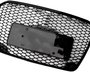 A black car grille with a hexagonal mesh pattern and an attached rectangular mounting plate on the back, suitable for securing the grille to a vehicle.