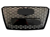 A black car grille features a hexagonal mesh pattern with an oval and rectangular section, likely for a logo and license plate, set against a plain white background.