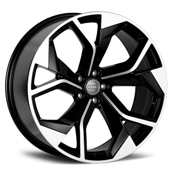 A shiny, black and silver, multi-spoke car wheel with an Audi logo at the center, displayed against a plain white background.