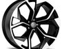 A black and silver alloy wheel features a dynamic, multi-spoke design, with the Audi logo at the center. It is displayed on a white background, emphasizing its sleek appearance.