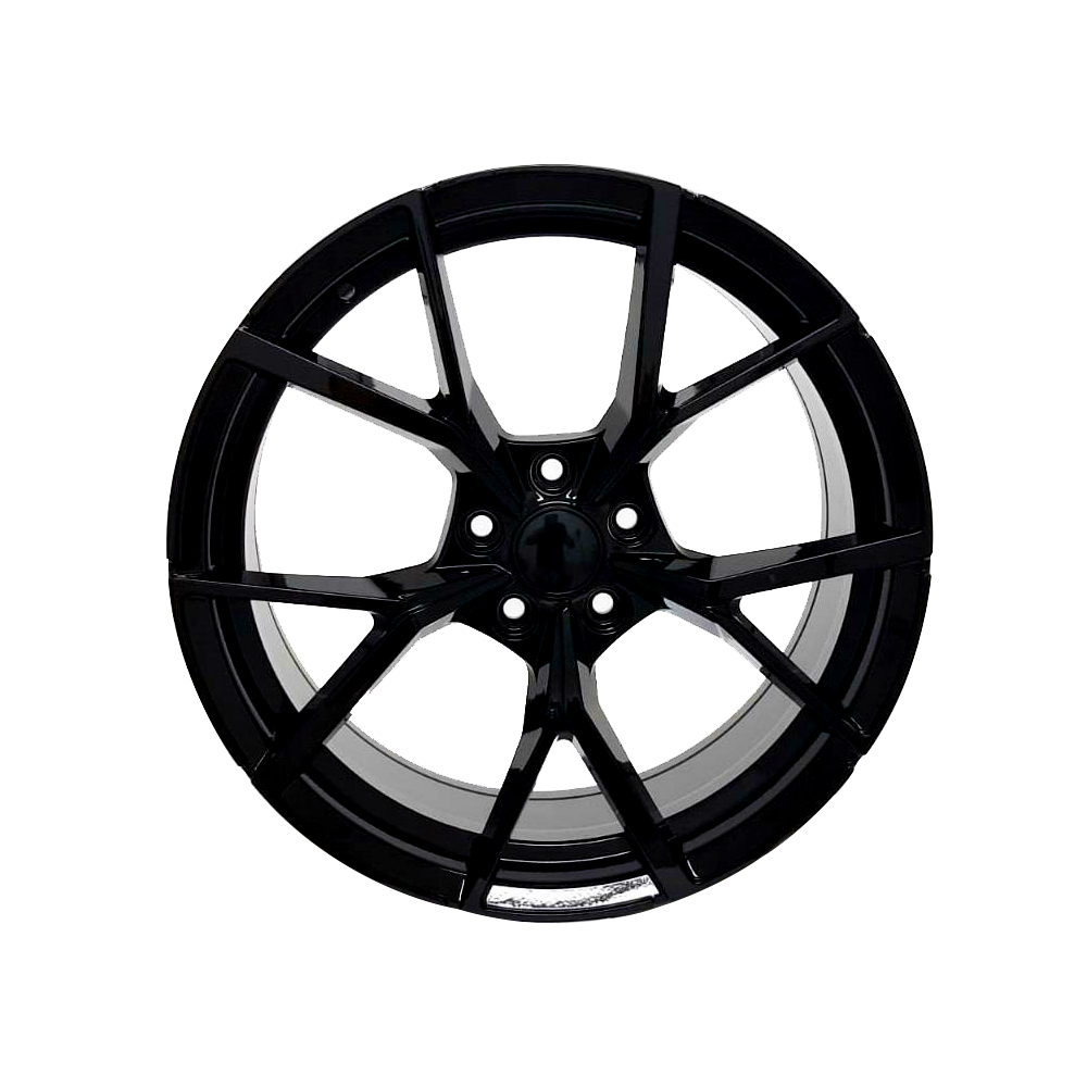 A glossy black alloy wheel with a multi-spoke design is displayed against a plain white background, highlighting its symmetrical, intricate structure and metallic finish.