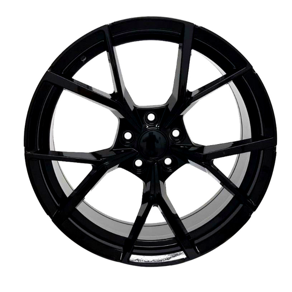 A black, multi-spoke alloy wheel is shown, featuring a sleek, glossy finish and a circular design with five lugs, isolated against a white background.
