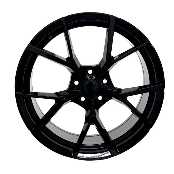 A glossy black alloy wheel with a multi-spoke design, symmetrically arranged, against a plain white background, showcasing its sleek and modern appearance.