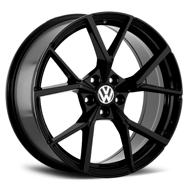 A glossy black alloy wheel with a multi-spoke design, displaying the Volkswagen logo at the center. The wheel is set against a plain white background, highlighting its shiny finish.