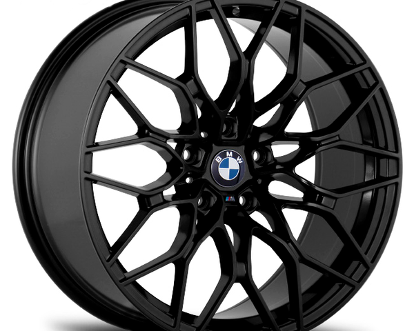 A glossy black alloy wheel with intricate, angular spokes features a central blue-and-white propeller logo with the text "BMW," set against a plain white background.