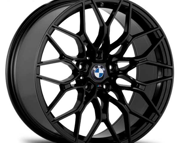 A black alloy wheel with an intricate spoke design, displaying the BMW logo at the center, set against a plain white background.