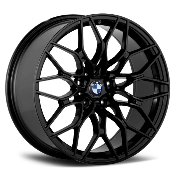 A black alloy wheel with an intricate spoke design, displaying the BMW logo at the center, set against a plain white background.