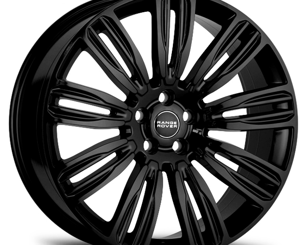 A glossy black car wheel with a multi-spoke design and "RANGE ROVER" inscribed in the center, set against a plain white background.