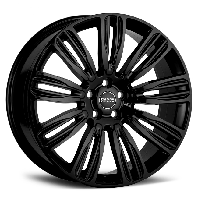 A black alloy wheel features 15 spokes and a central hub displaying "RANGE ROVER." It sits against a plain white background, emphasizing its sleek, modern design.