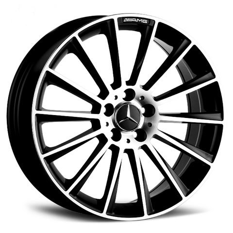 A black and silver alloy wheel with multi-spoke design, featuring a central logo of three-pointed star and "AMG" text, displayed against a plain white background.
