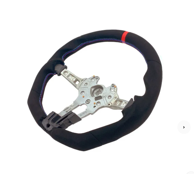 Steering wheel with exposed metal spokes and black covering, featuring red and blue stitching and a red top marker, displayed on a plain white background.