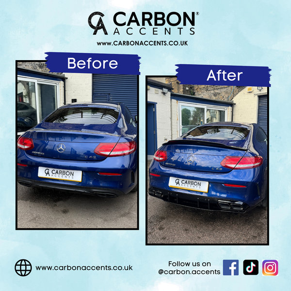 A blue Mercedes AMG C43 is shown in two images labeled "Before" and "After" showcasing modifications. Background includes a building with blue doors. Text: "CARBON ACCENTS, www.carbonaccents.co.uk." Social media icons are displayed below.