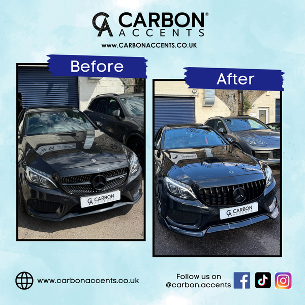 A black Mercedes car shows a before-and-after transformation under the "Carbon Accents" brand. Notable improvements in the front grille and finish. Background includes another car and a building with blue shutters.
 
 Text: 
 - "CARBON ACCENTS"
 - "www.CARBONACCENTS.CO.UK"
 - "Before"
 - "After"
 - "www.carbonaccents.co.uk"
 - "Follow us on @carbon.accents"