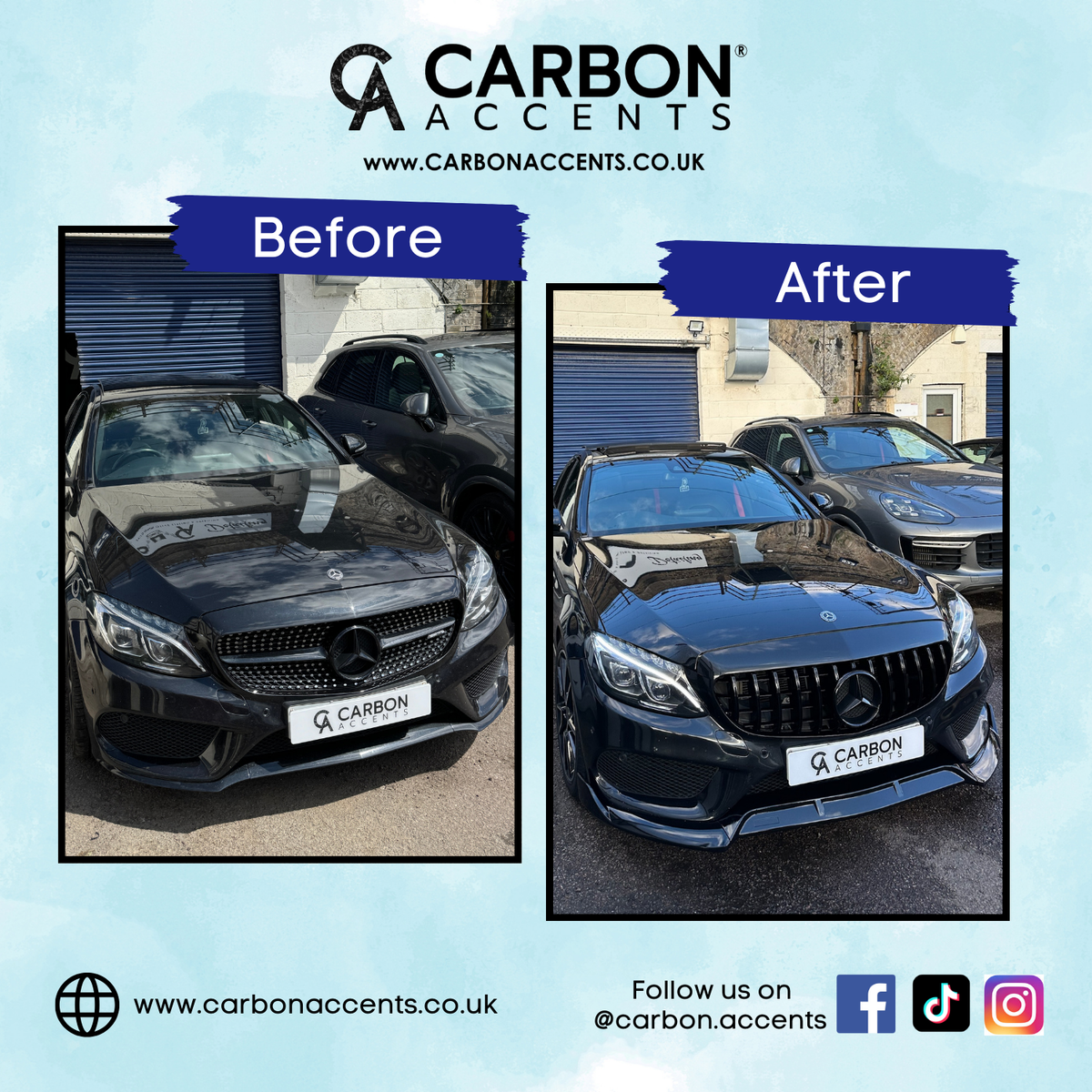 A black Mercedes car shows a before-and-after transformation under the "Carbon Accents" brand. Notable improvements in the front grille and finish. Background includes another car and a building with blue shutters.
 
 Text: 
 - "CARBON ACCENTS"
 - "www.CARBONACCENTS.CO.UK"
 - "Before"
 - "After"
 - "www.carbonaccents.co.uk"
 - "Follow us on @carbon.accents"