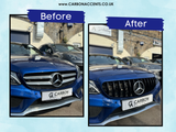 Two images show a blue car. Before, it has a standard grille; after, a new grille is installed. Text: 