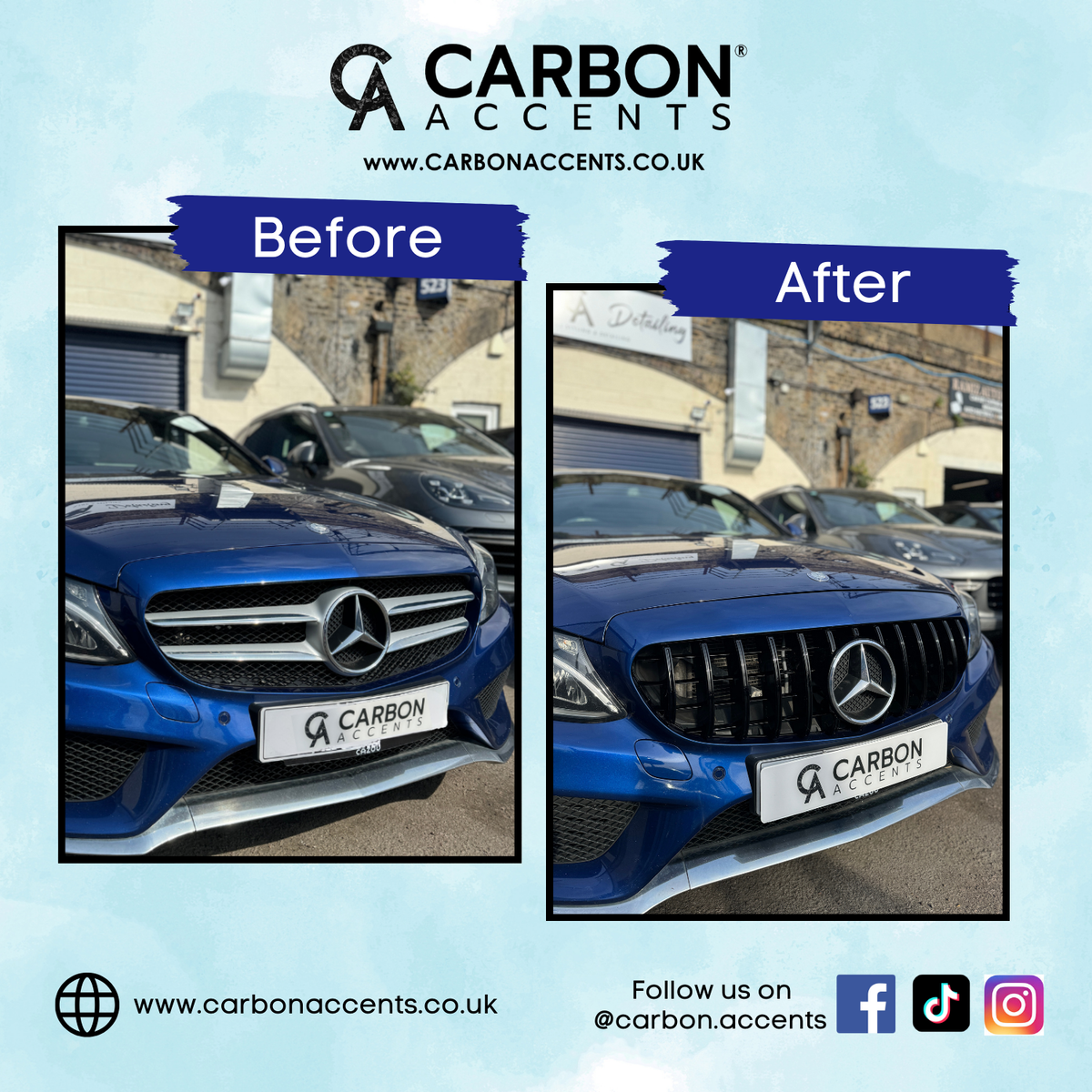 Two images show a blue car. Before, it has a standard grille; after, a new grille is installed. Text: "CARBON ACCENTS www.carbonaccents.co.uk Follow us on @carbon.accents".