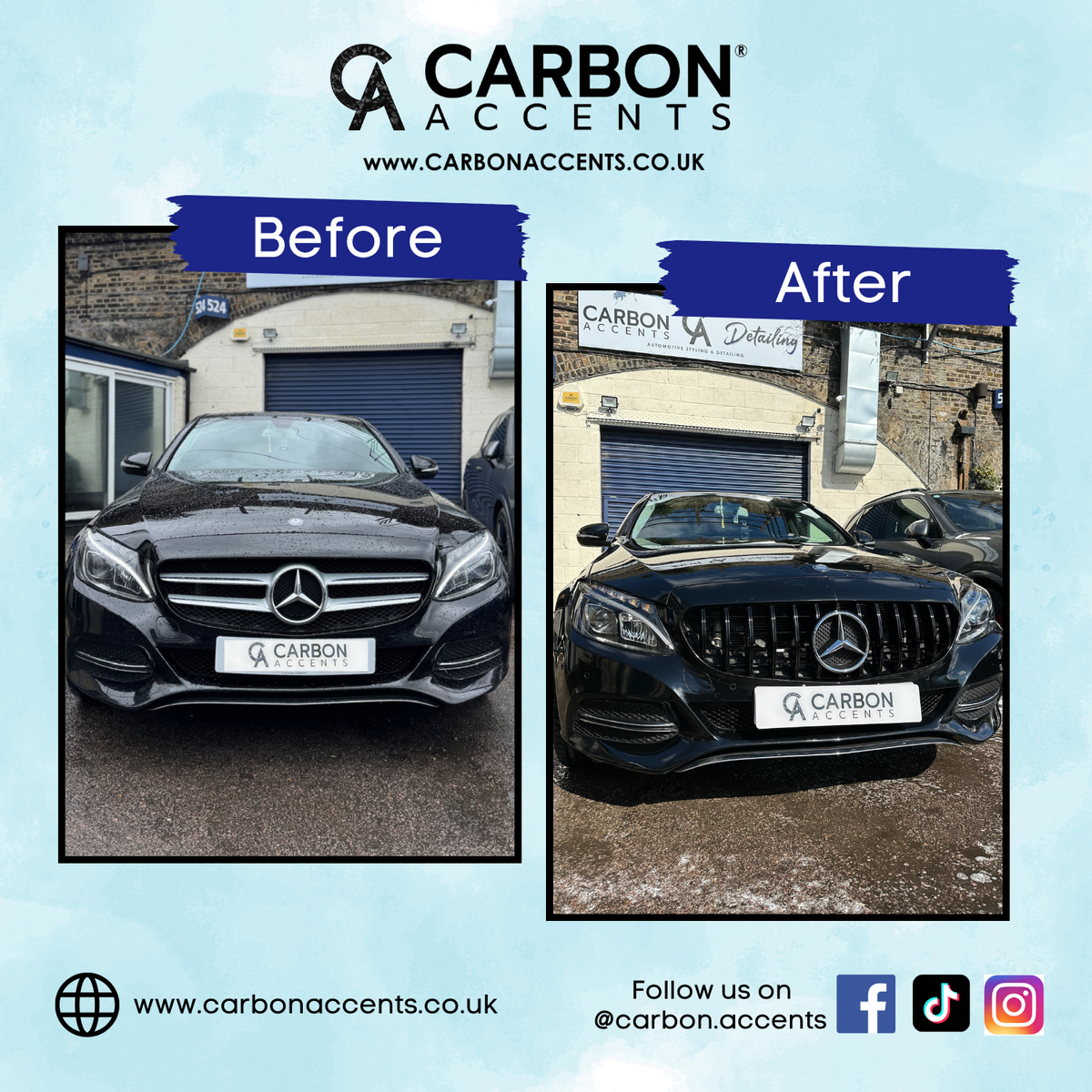 A black Mercedes is shown in two side-by-side images labeled "Before" and "After." The "After" image displays a new, sportier grille. A sign above reads "CARBON ACCENTS www.carbonaccents.co.uk". Social media icons appear below.