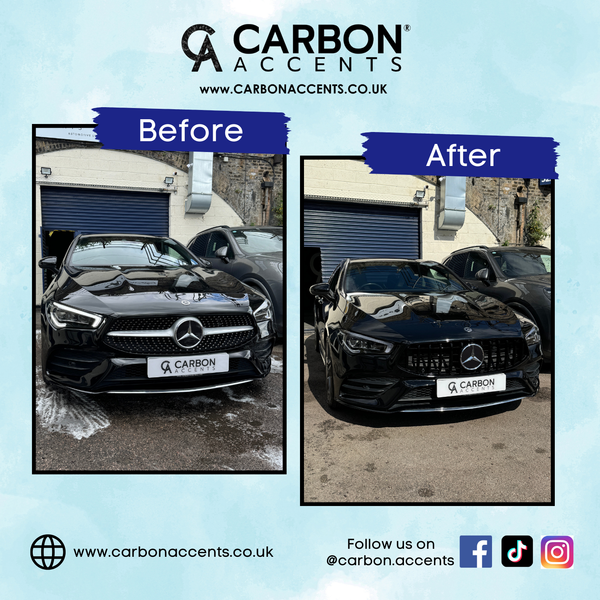 A black Mercedes car before and after a detailing process. The "Before" image shows it with a dull finish; the "After" image shows a glossy shine. Context includes a garage and nearby cars. Text: "CARBON ACCENTS" with website and social media icons: www.carbonaccents.co.uk. Follow us on @carbon.accents.