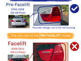 The image highlights tail light differences between pre-facelift (2006-2008) and facelift (2009-2011) car models. The pre-facelift light has a rounder design, while the facelift features a sharper, angular design. Text includes: 