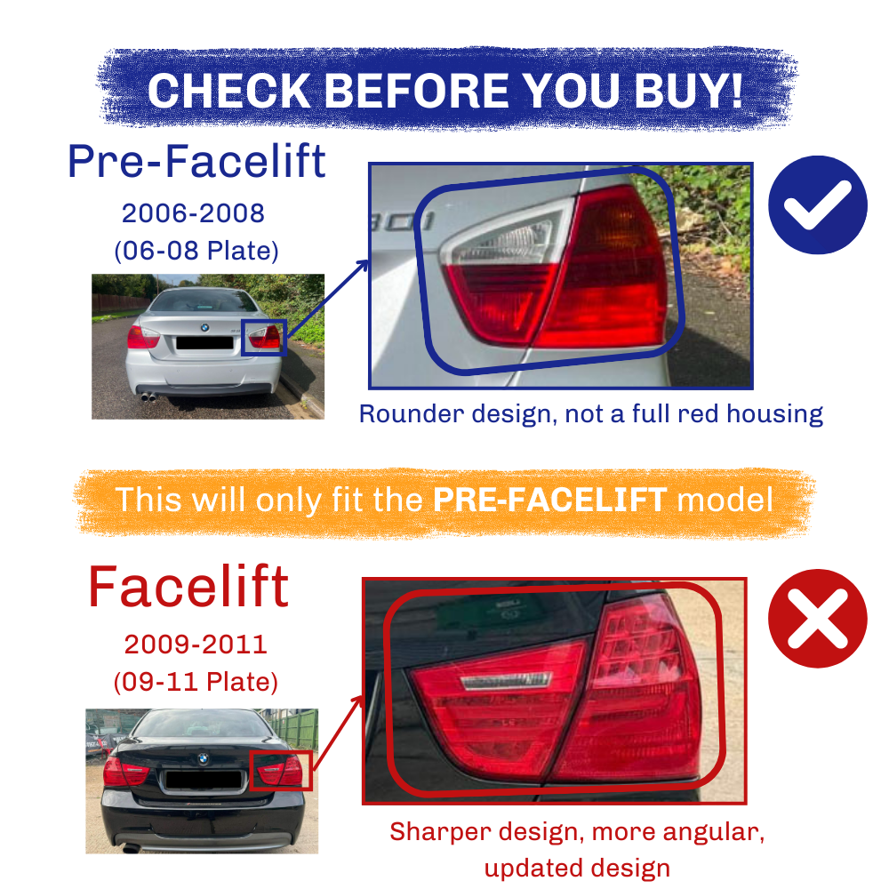 Car taillight comparison: Pre-Facelift (2006-2008) features a rounder design; Facelift (2009-2011) shows a sharper, more angular style. Text states:  This will only fit the PRE-FACELIFT model."