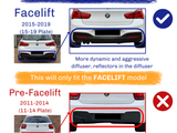 A comparison between BMW facelift (2015-2019) and pre-facelift (2011-2014) models, highlighting the dynamic, aggressive diffuser with reflectors on the facelift, and the simpler design without reflectors on the pre-facelift.  This will only fit the FACELIFT model.