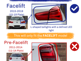 Taillight comparison image with text Facelift (2015-2019): L-shaped taillights. Pre-Facelift (2011-2014): Square design. 