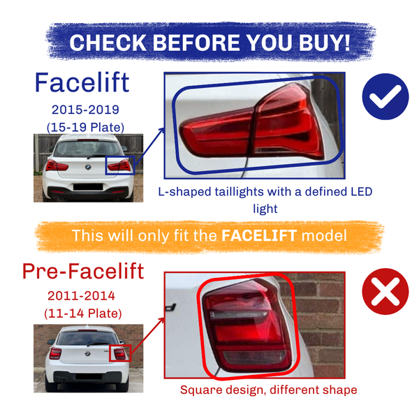 Car taillights are compared: Facelift (2015-2019) shows an L-shaped design with defined LED light; Pre-Facelift (2011-2014) displays a square design. Text: “CHECK BEFORE YOU BUY! This will only fit the FACELIFT model.”