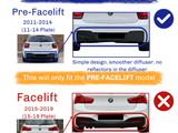 A visual guide compares pre-facelift (2011-2014) and facelift (2015-2019) car models, highlighting rear bumper designs. Pre-facelift has a simple, smooth diffuser; facelift features aggressive styling with reflectors. Text:  Pre-Facelift 2011-2014 (11-14 Plate) Simple design, smoother diffuser, no reflectors in the diffuser. This will only fit the PRE-FACELIFT model. Facelift 2015-2019 (15-19 Plate) More dynamic and aggressive diffuser, reflectors in the diffuser.