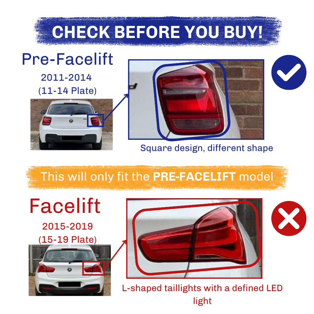 Car taillight comparison with focus on two designs: "Pre-Facelift" (2011-2014) shows square taillights; "Facelift" (2015-2019) features L-shaped taillights with defined LED light. Text: “CHECK BEFORE YOU BUY!” and “This will only fit the PRE-FACELIFT model.”