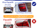 Car taillight comparison, pre-facelift (2011-2014) with square design vs. facelift (2015-2019) with L-shaped design. Text:  This will only fit the PRE-FACELIFT model.