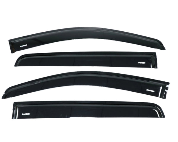 Four black car window visors labeled "RANGER" are arranged horizontally on a plain white background. Each visor has a sleek, curved design suited for automotive installation.