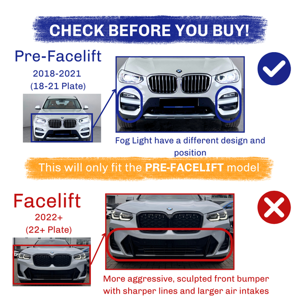 BMW cars, highlighting differences in front bumpers and fog lights between pre-facelift (2018-2021) and facelift models (2022+). Includes a reminder to check compatibility before purchasing. Text:  Pre-Facelift 2018-2021 (18-21 Plate) Fog Light have a different design and position This will only fit the PRE-FACELIFT model Facelift 2022+ (22+ Plate) More aggressive, sculpted front bumper with sharper lines and larger air intakes."