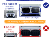 Car grilles are compared: a pre-facelift model (2018-2021) with a two-piece design vs. a facelift model (2022+) with a one-piece design. Text emphasizes checking compatibility before purchase.