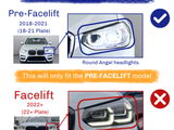 A comparison of car headlights: advises matching models. Pre-Facelift (2018-2021) has round headlights. Facelift (2022+) features sharper headlights. Note: 