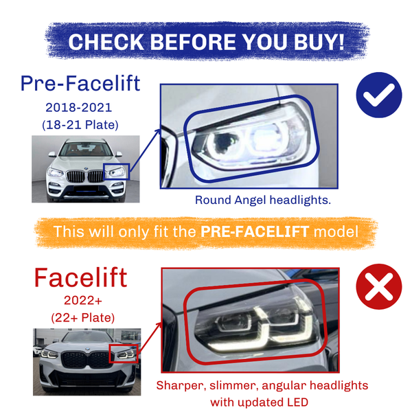 A comparison of car headlights: advises matching models. Pre-Facelift (2018-2021) has round headlights. Facelift (2022+) features sharper headlights. Note: "This will only fit the PRE-FACELIFT model."