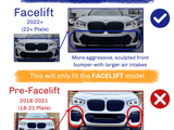 A BMW front bumper comparison guide. Top: Facelift version (2022+), with aggressive design, larger air intakes. Bottom: Pre-Facelift version (2018-2021), different fog light design. Text emphasizes compatibility check.
